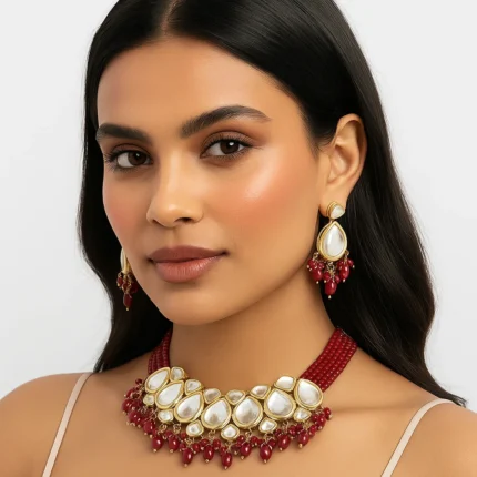 Kundan choker necklace set with red beads displayed on a jewellery stand for weddings and parties