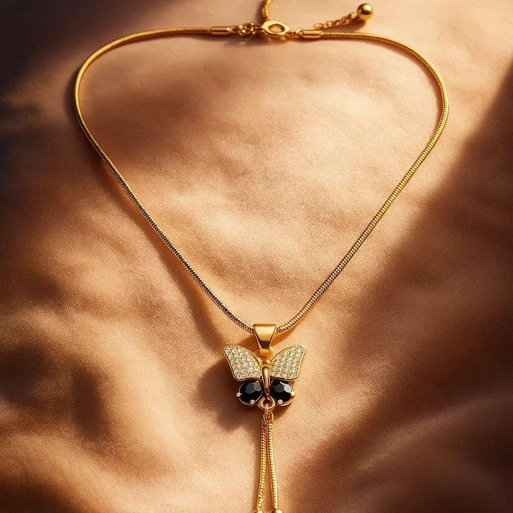 Woman Wearing Gold Butterfly Pendant Necklace Styled Look