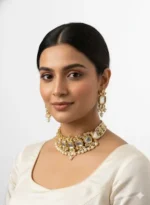 : Bridal Kundan choker necklace set with pearl dangles and earrings displayed on velvet stand against burgundy silk drape
