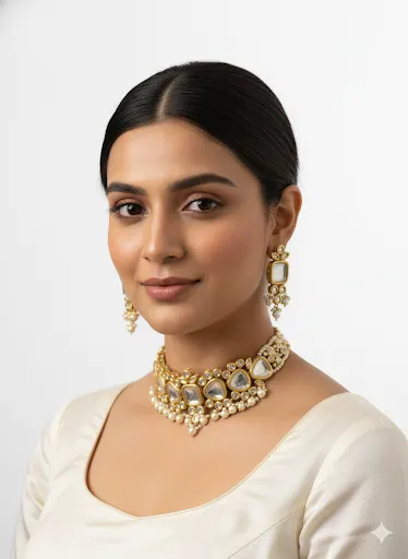 : Bridal Kundan choker necklace set with pearl dangles and earrings displayed on velvet stand against burgundy silk drape
