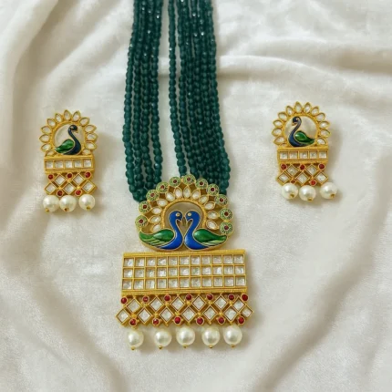 Premium Peacock Kundan Necklace Set with Green Beads on Royal Blue Fabric – Bridal & Festive Indian Jewellery