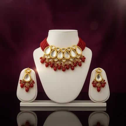 Kundan choker necklace set with red beads and matching earrings for women