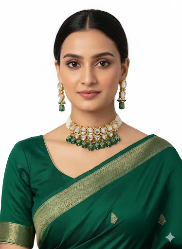 Elegant Green Beaded Kundan Necklace Set for Women | Traditional Indian Bridal Jewellery - Image 2