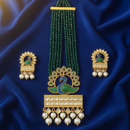 Traditional Peacock Kundan Necklace Set with Green Beads and Matching Earrings on White Background