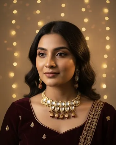 Indian kundan choker jewelry set with gold plating and red stone drops displayed on teal velvet background