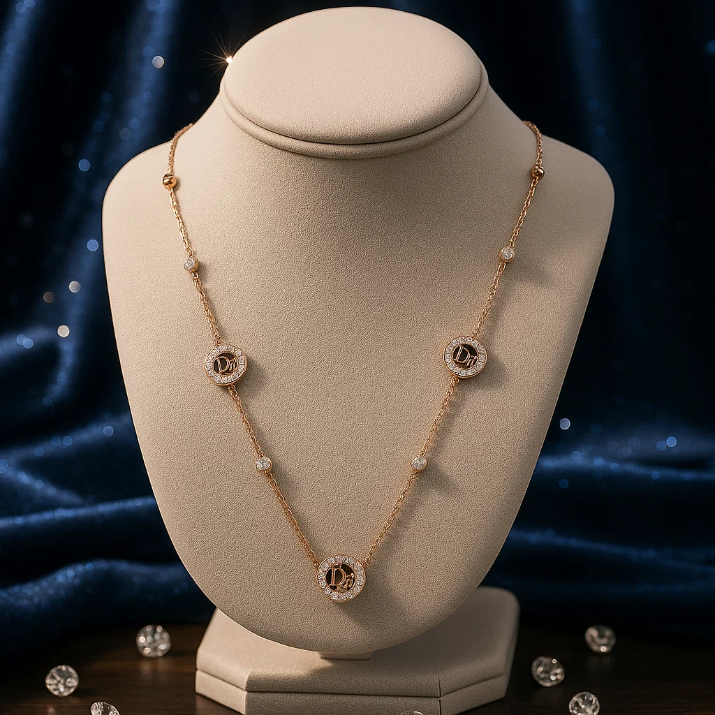 Rose gold chain necklace with three crystal letter D pendants displayed on jewelry stand with navy blue silk background