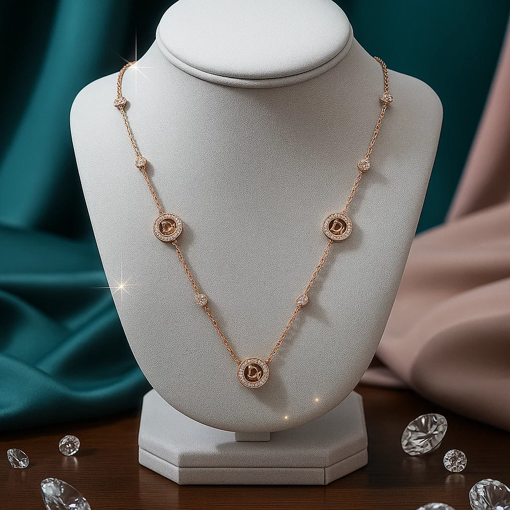 Designer rose gold necklace with letter D crystal pendants on display stand with teal background and diamond accents