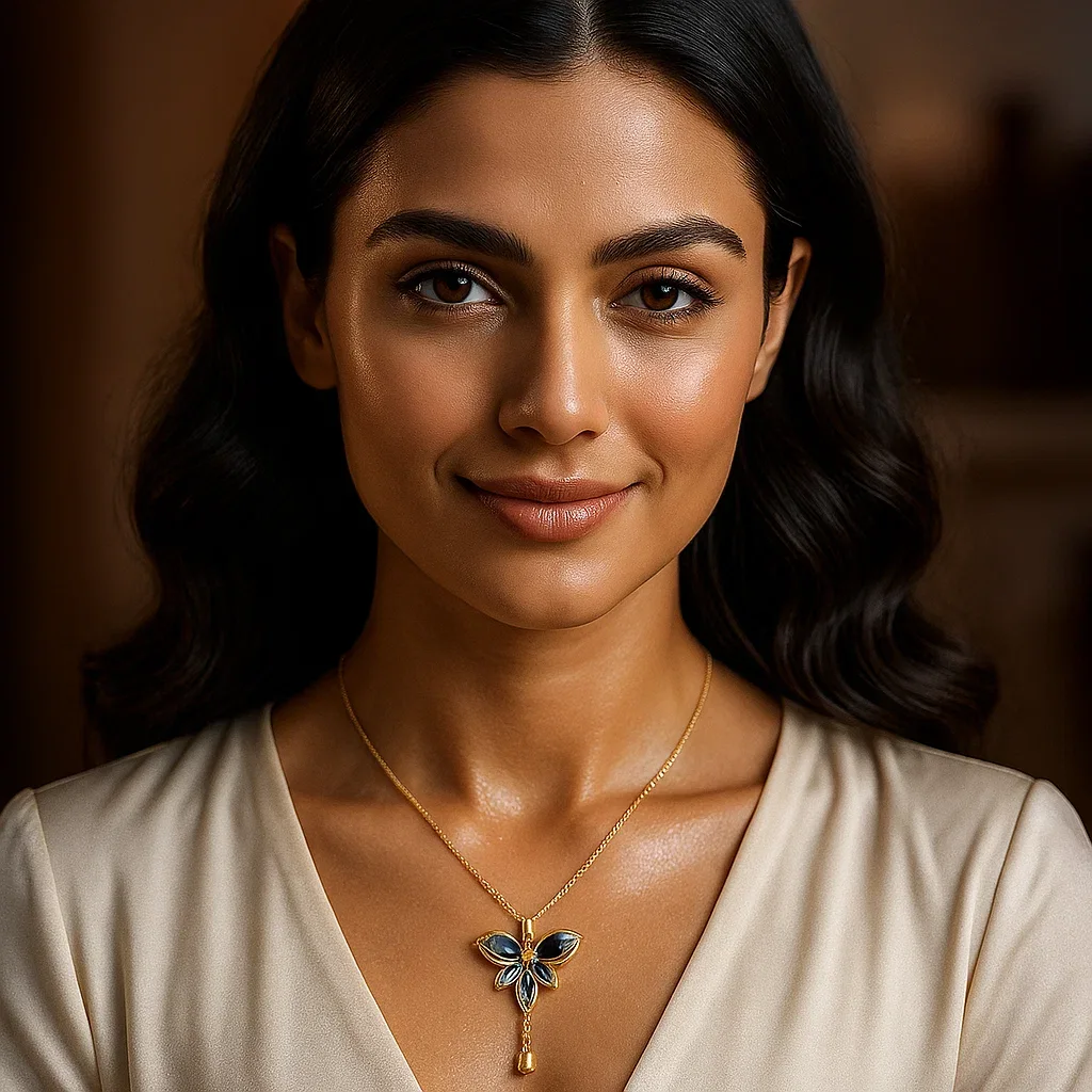 Close up of gold butterfly pendant with crystal pave wings and black stones on adjustable gold chain with clasp