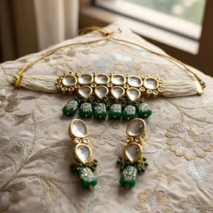 Front view of elegant green beaded Kundan necklace set with matching earrings for women.