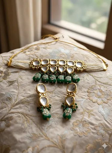 Front view of elegant green beaded Kundan necklace set with matching earrings for women.