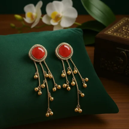 Red Stone Long Dangle Earrings for Women – Gold Plated Traditional Drop Earrings