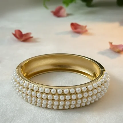 Side view of pearl studded artificial gold kada bangle for women | Wedding & party wear bracelet