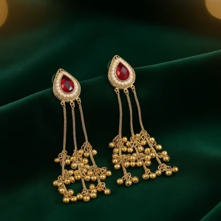 Red Stone Teardrop Gold Plated Long Dangle Earrings for Women – Traditional Bridal Jewellery