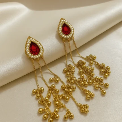 Gold Plated Long Dangle Earrings with Red Teardrop Stone – Festive & Wedding Earrings for Women